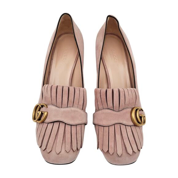 Gucci GG Marmont Fringe Block Heel Pump Pink Suede Square Toe Size 38.5 US 8.5 - Picture 3 of 12